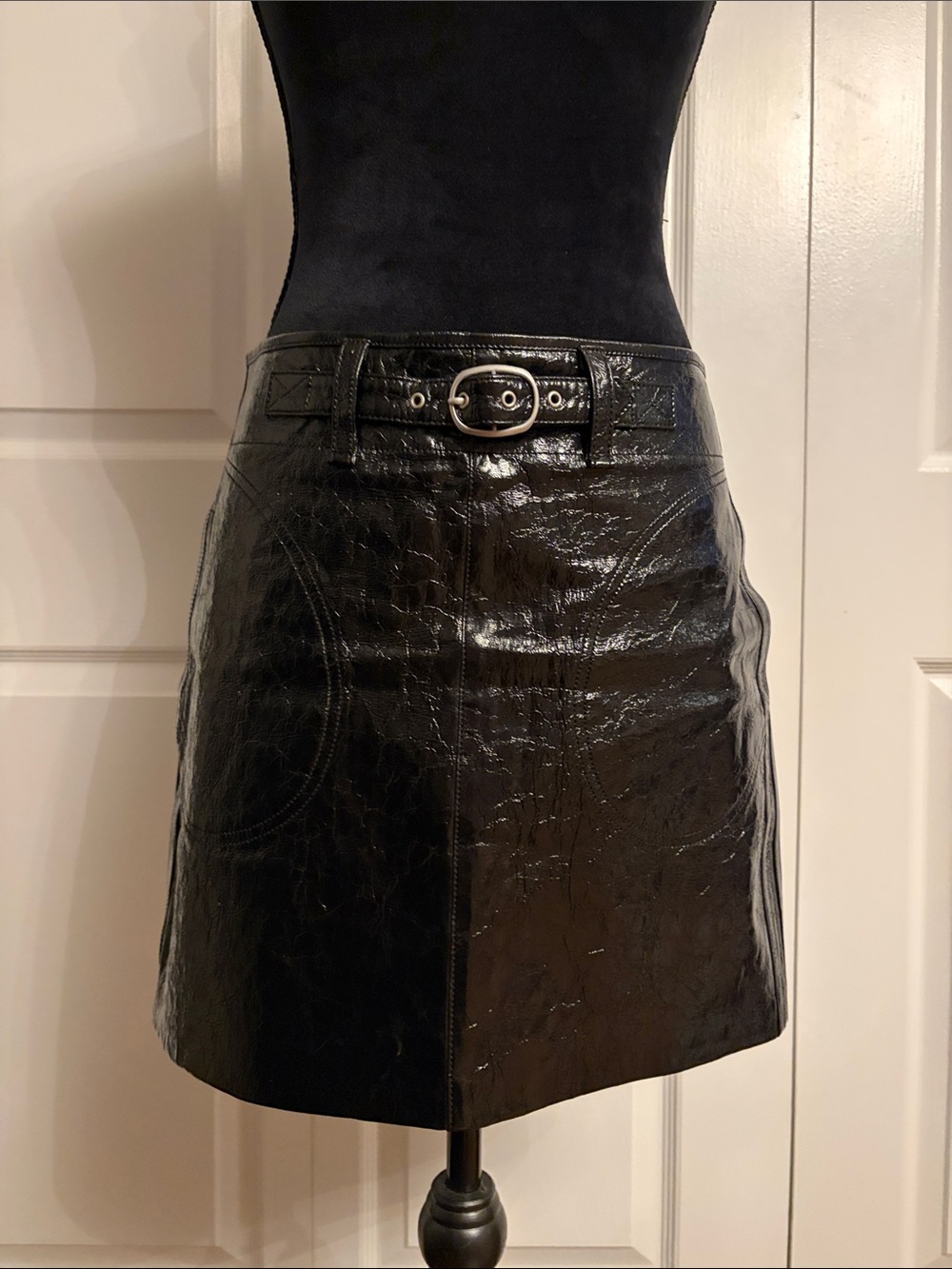Toni Black Leather Crinkle Mini Skirt